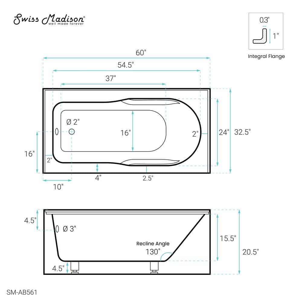 Concorde 60" White Acrylic Alcove Apron Bathtub