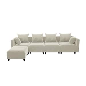 118 in. W Square Arm 5-Piece Velvet L-Shaped Modern Sectional Sofa in Beige w/Ottoman 4-Pillows Included