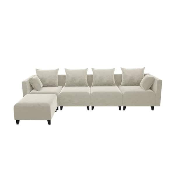 118 in. W Square 5-Piece Velvet L-Shaped Modern Sectional Sofa in Beige w/Ottoman 4-Pillows Included XB876-SDT-4 - The Home Depot