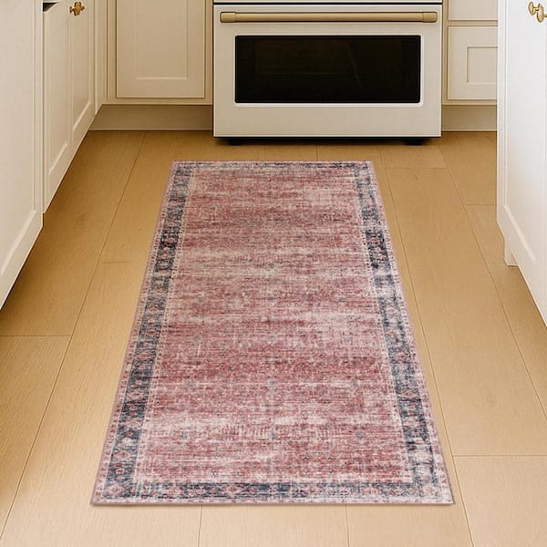 Sylvan Moor Garnet Red 2.5 ft. x 7 ft. Traditional Bordered Machine Washable Non-Slip Runner Rug