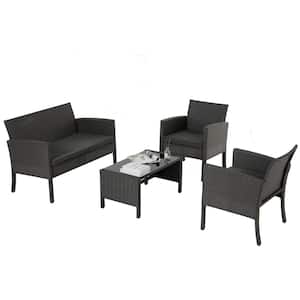 Gray 4-Piece Wicker Patio Conversation Set with Dark Gray Cushions and Coffee Table