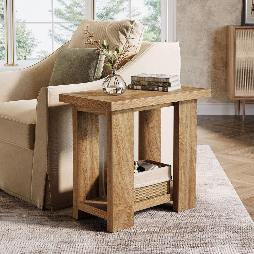 Kerlin 27 in. Brown Rectangle Wood End Table with Storage Shelves and 4-Sturdy Legs