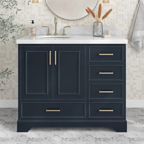 ARIEL Stafford 43 in. W x 22 in. D x 36 in. H Left Single Sink Bath Vanity in Midnight Blue with Carrara White Marble Top