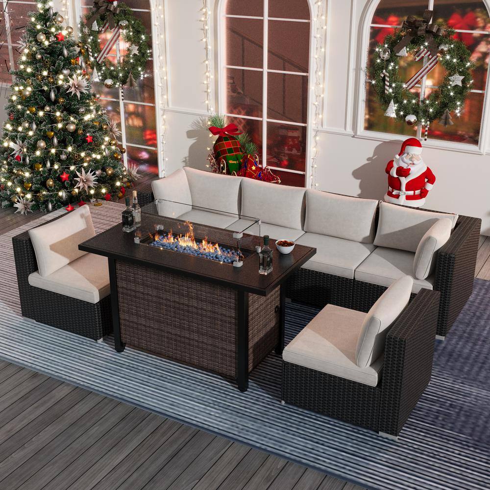 8-Piece Black Wicker 6-Seat Patio Rectangle Fire Pit Conversation Set with 