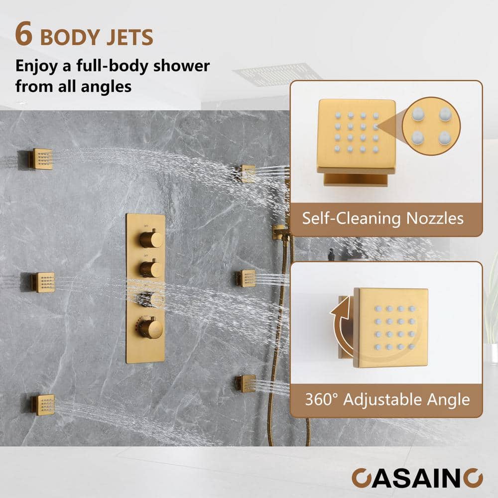 Brushed Gold Large LED Rainfall Shower System with Handheld and Music