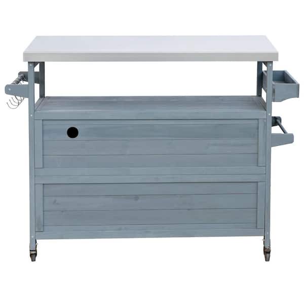Outdoor Serving Cart, Rolling Bar Cart & Storage Cabinet, Farmhouse Solid Wood Grill Table with Stainless Steel Top