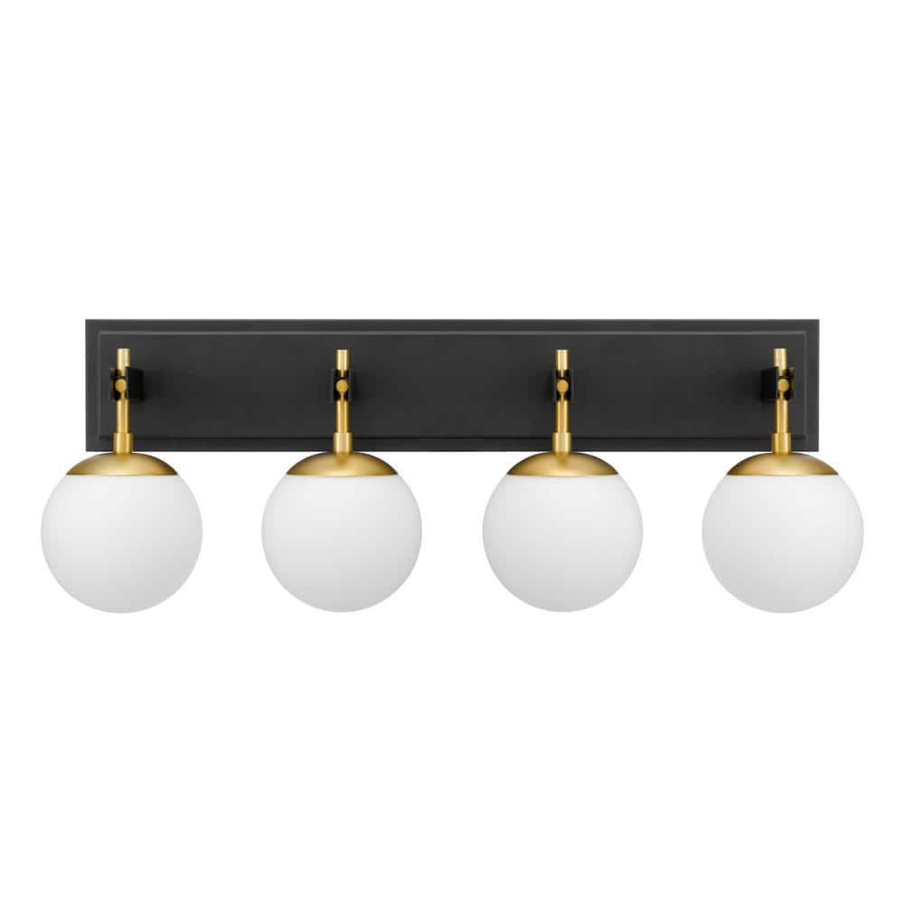 Black and Brass 4-Light Vanity Light with White Glass Orbs