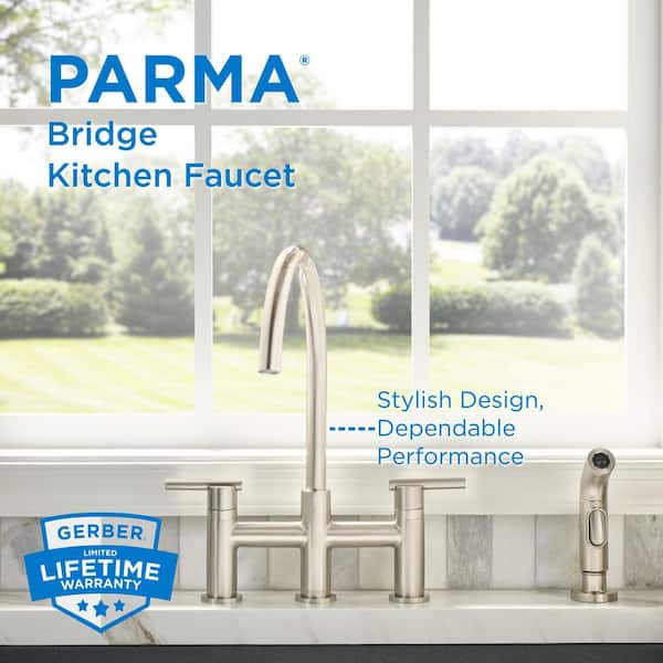 Parma Double Handle Deck Mount Bridge Kitchen Faucet with Spray with 1.75 GPM in Stainless Steel