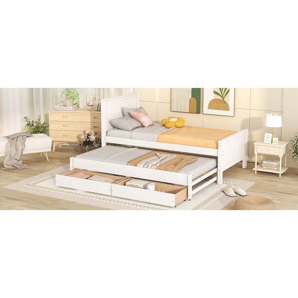 White Wood Frame Twin Size Platform Bed with Trundle and Drawers