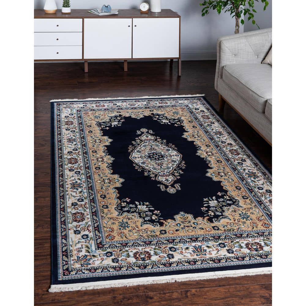 Elegant Navy Blue Floral 10' x 13' Synthetic Rectangular Rug