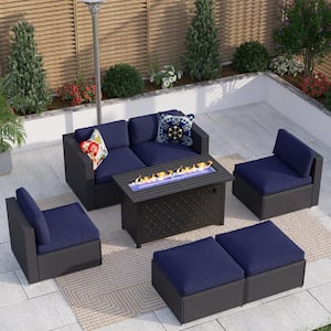 Dark Brown Rattan Wicker 6 Seat 7-Piece Steel Outdoor Fire Pit Patio Set with Blue Cushions and Rectangular Fire Pit