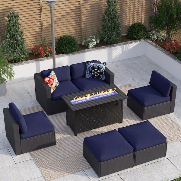 PHI VILLA Dark Brown Rattan Wicker 6 Seat 7-Piece Steel Outdoor Fire Pit Patio Set with Blue Cushions and Rectangular Fire Pit