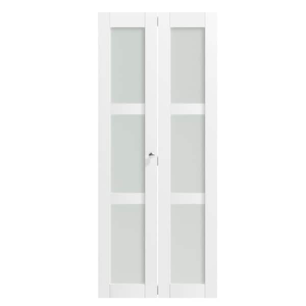 32 in x 80 in, 3 Lite, Frosted Glass, Solid Core, MDF, White, PVC Covering Bi-fold Door with All Hardware