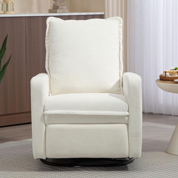 White Cozy Short Plush Fabric 270° Swivel Rocker Chair, Leisure Manual Recliner Single Sofa for Living Room