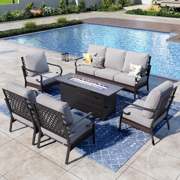 PHI VILLA 6-Piece Black Metal 7-Seats Fire Pit Patio Sets with Fixed Chairs, 50000 BTU Fire Pit Table and Light Gray Cushions