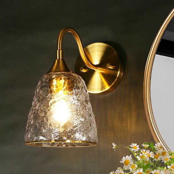LNC Modern Plated Brass Damp-rated Bell Bedroom Wall Sconce 1-Light Bathroom Vanity Light with Cone Clear Ripple Glass Shade
