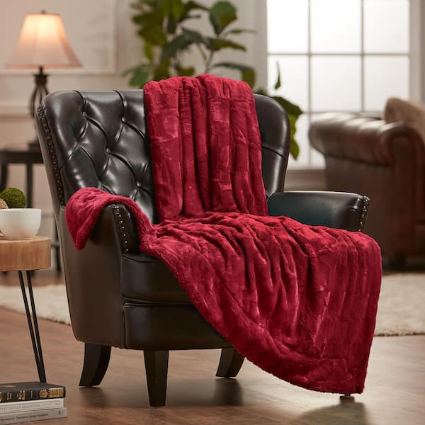 CHANASYA Embossed Maroon Fur Polyester Sherpa Shearling Throw Blanket - 50 in. x 65 in.