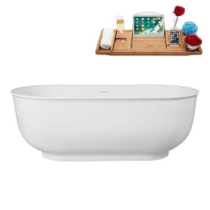 67 in. x 32 in. Acrylic Freestanding Soaking Bathtub in Glossy White with Polished Brass Drain, Bamboo Tray