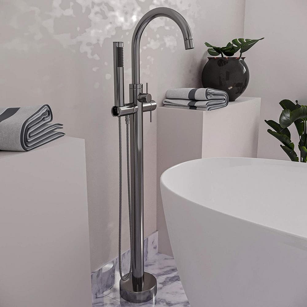 Satin Nickel Floor Mount Freestanding Bathtub Filler Faucet with Handheld Shower