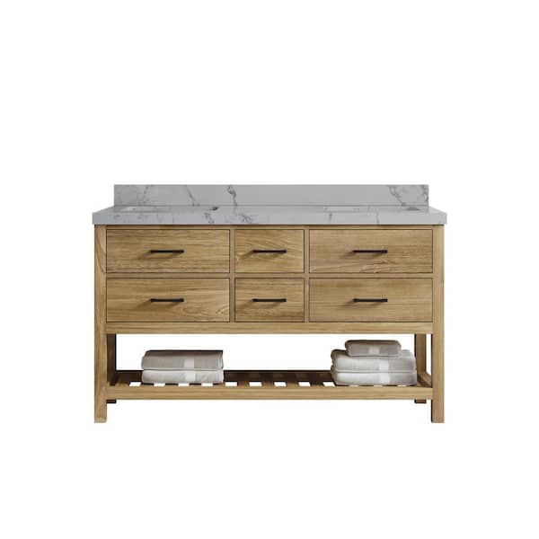 Willow Collections Parker Teak 60 in. W x 22 in. D x 36 in. H Double Sink Bath Vanity in Premium Polish with Venatino Qt. Top