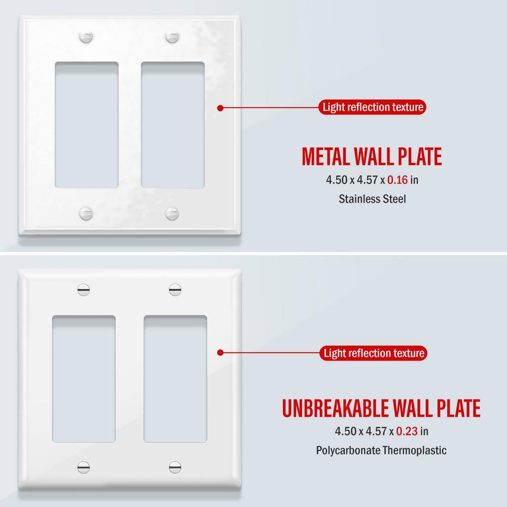 White Gloss 2-Gang Metal Decorator/Rocker Wall Plate Set