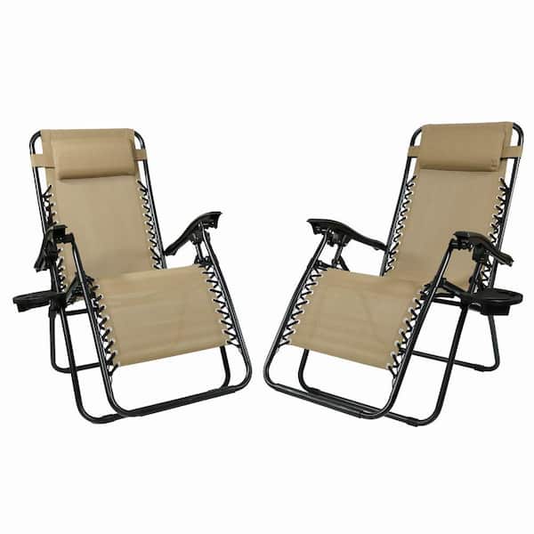 Sunnydaze Zero Gravity Khaki Lawn Chairs with Pillow and Cup Holder (2-Set)