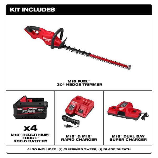 M18 FUEL 18V 30 in. Brushless Cordless Battery Powered Hedge Trimmer Kit with (4) 8.0 Ah FORGE Battery, (2) Charger
