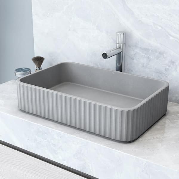 Windsor Gray Concreto Stone Rectangular Fluted Bathroom Vessel Sink with Ashford Faucet and Pop-Up Drain in Chrome