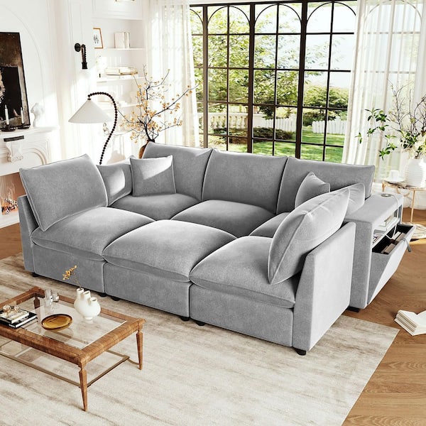 93.7 in. Modular Square Arm Chenille with a Movable Ottoman, Storage Armrests and USB Ports Sectional Sofa in Gray