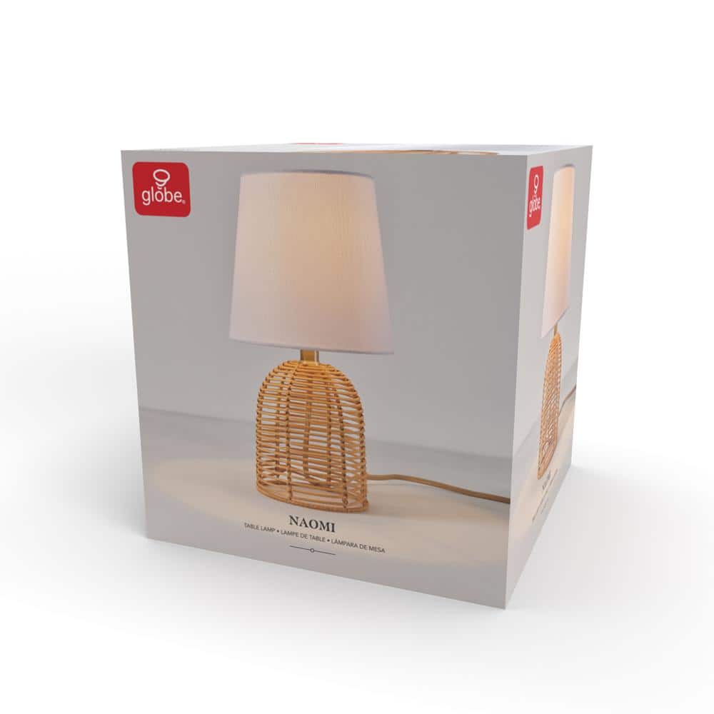 14" White Linen Shade Table Lamp with Rattan Base