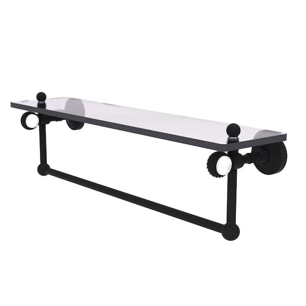Pacific Grove 22 in. W x 6.4 in. H x 5.13 in. D Glass Rectangular Shelf in Matte Black with Towel Bar Twisted Accents