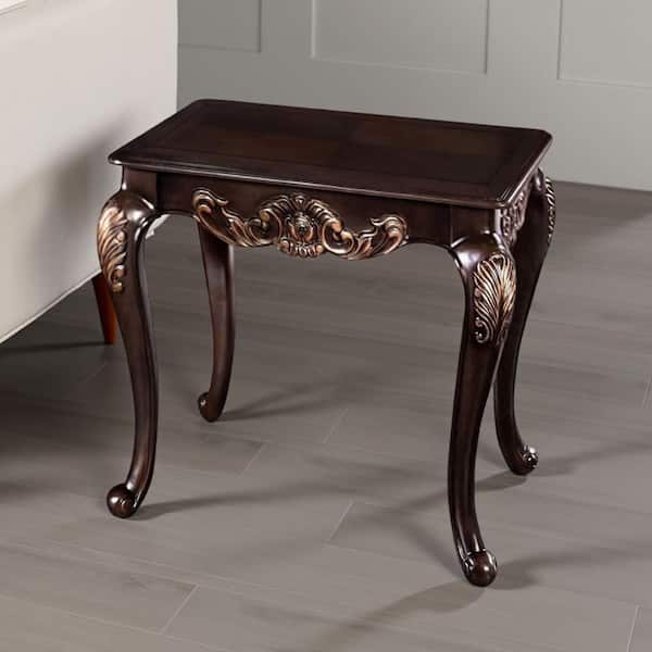 Astor 28.5 in. Dark Cherry Brown Rectangle Wood End Table with Carved Details
