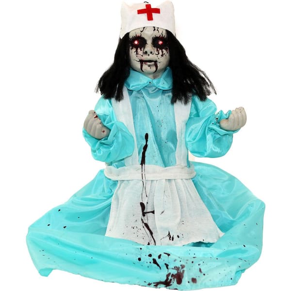 Haunted Hill Farm 21.5 in. Battery Operated Poseable Animatronic Nurse with Red LED Eyes Halloween Prop