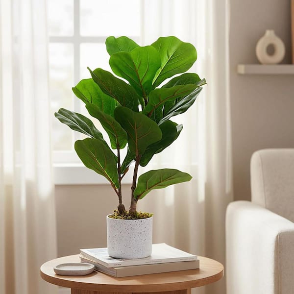 1.3FT 2PC Artificial Fiddle Leaf Fig Tree in Pot,Faux Ficus Lyrata Plant Green Bonsai in White Planter for Home Office