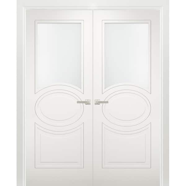 7012 36 in. x 96 in. Universal Handling 1/2-Lite Frosted Glass Solid White Finished Pine MDF Double Prehung French Door