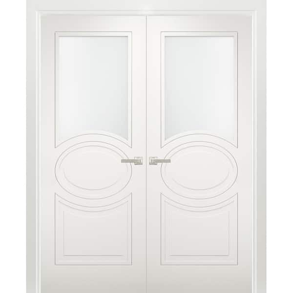 VDOMDOORS 7012 36 in. x 96 in. Universal Handling 1/2-Lite Frosted Glass Solid White Finished Pine MDF Double Prehung French Door