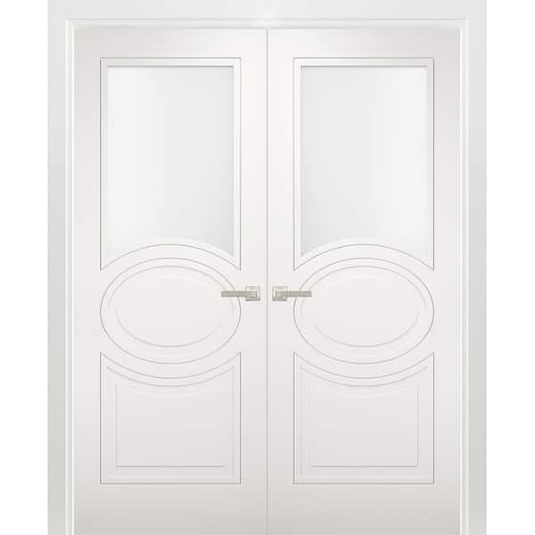 VDOMDOORS 7012 56 in. x 80 in. Universal Handling 1/2-Lite Frosted Glass Solid White Finished Pine MDF Double Prehung French Door