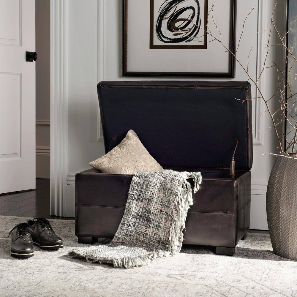 Small Brown Leather Storage Bench with Birch Wood