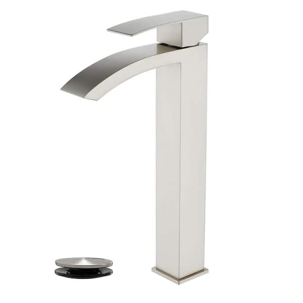 AIMADI Single Handle Waterfall Bathroom Vessel Sink Faucet with Pop-Up Drain Kit 1-Hole Tall Bathroom Faucets in Brushed Nickel