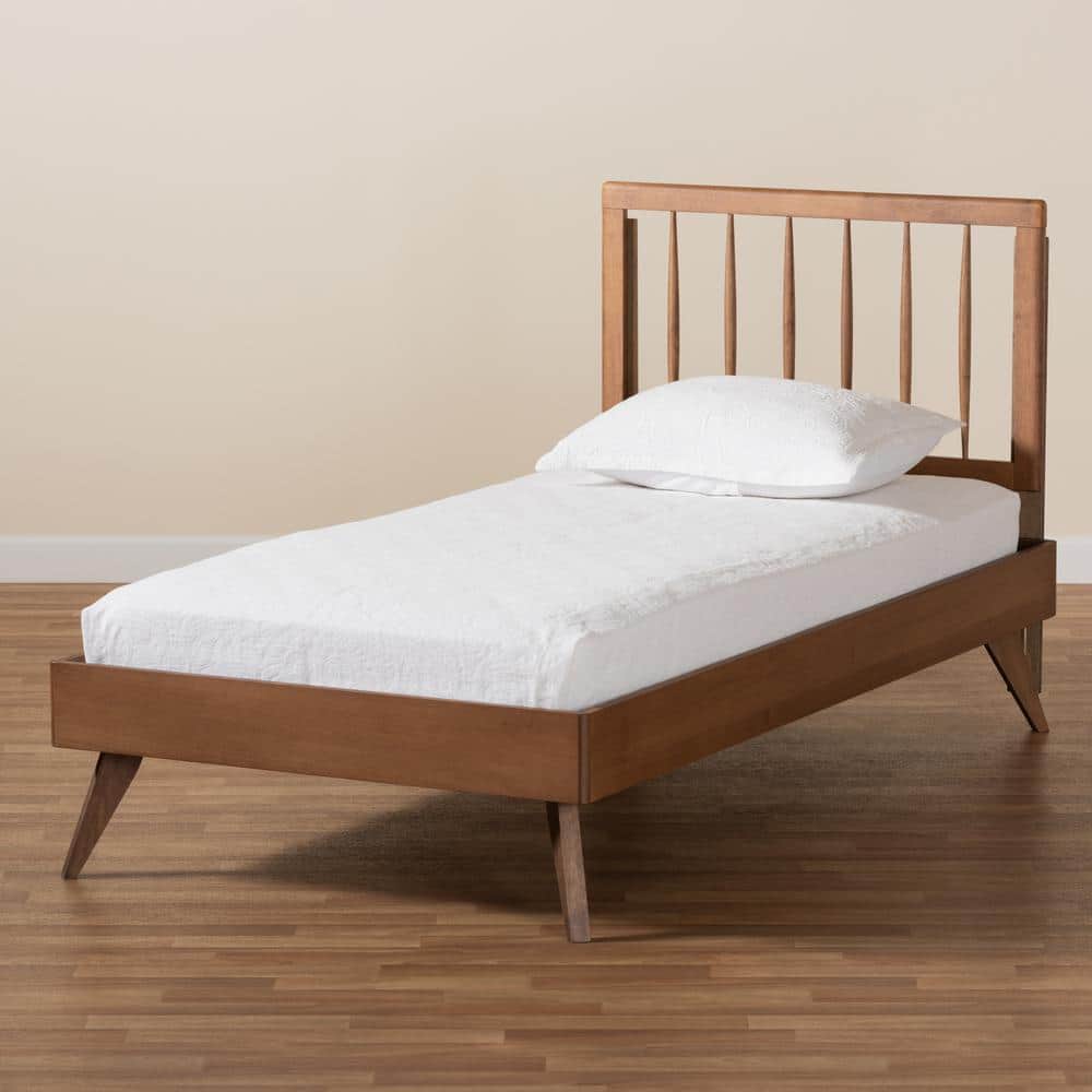 Ash Walnut Twin Wood Frame Bed with Spindle Headboard