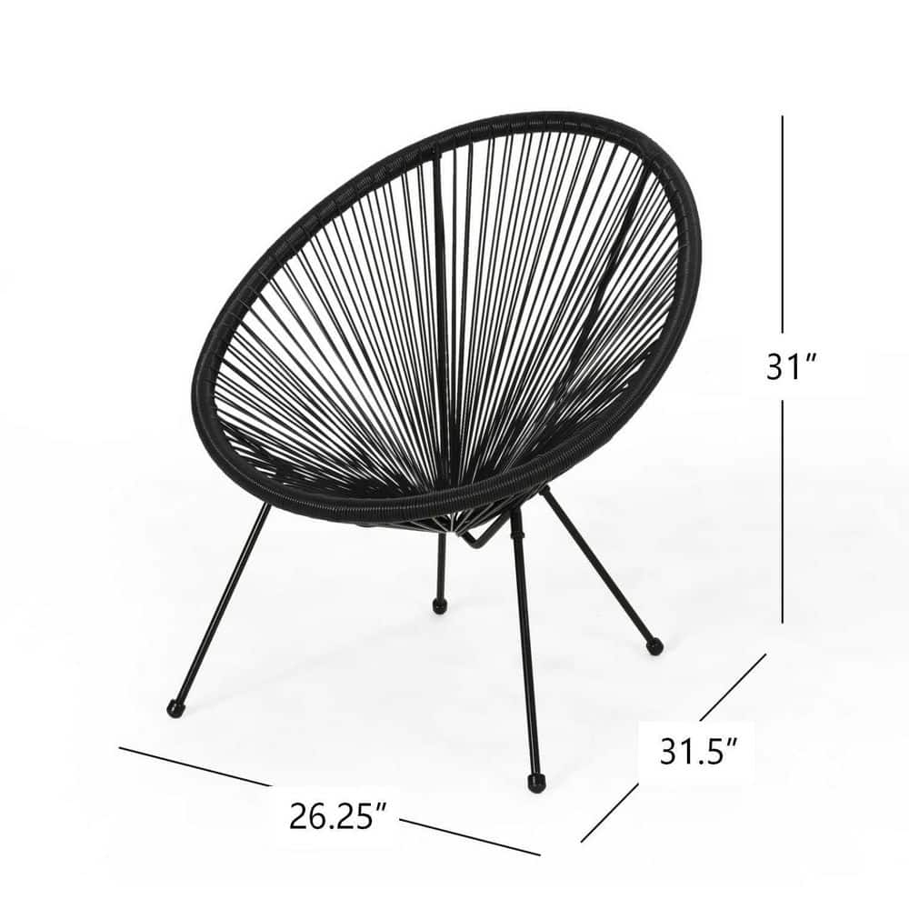 A black rattan lounge chair with dimensions indicated.