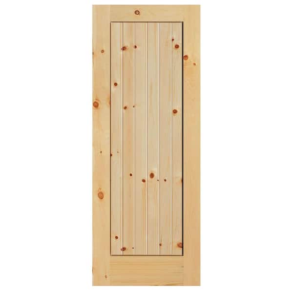 Masonite 40 in. x 84 in. Knotty Pine 1 Panel Shaker V-Groove Solid Wood Interior Barn Door Slab