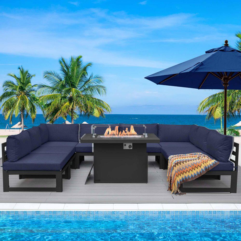Extra Large Gray 9-Piece Aluminum Patio Fire Pit Conversation Set Deep Seat