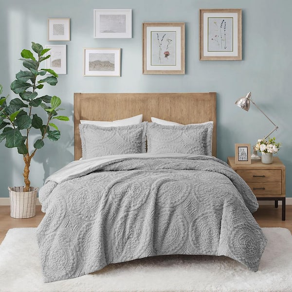Nova Grey Faux Fur Full/Queen Comforter Set