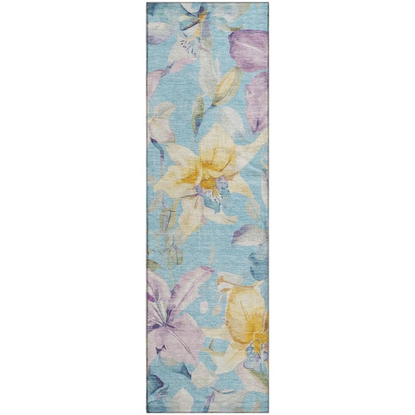 Mayfield Premium Machine Washable Abstract AMF2262 Aqua 2 ft. x 7 ft. Runner Rug