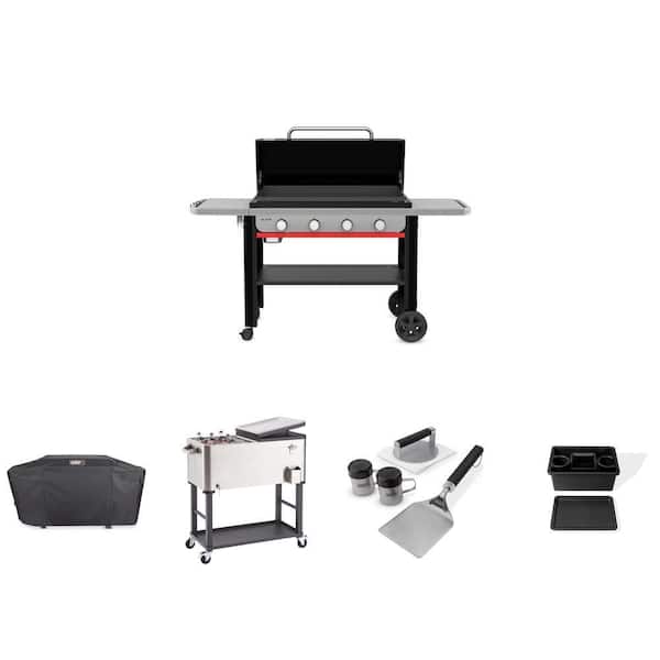 80 Qt. Wheeled Cooler, Griddle Burger Set, 36 in. 4-Burner Flat Top Grill, Weber Caddy and Grill Cover Combo