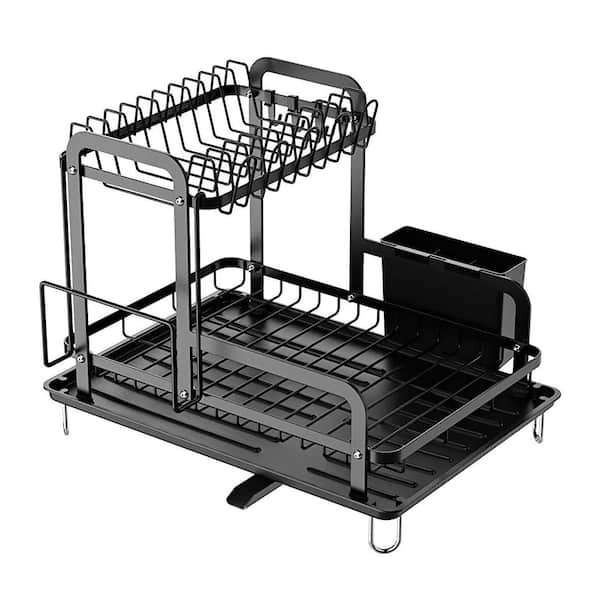 2-Tier Dish Drying Rack - Rustproof Space-Saving with Drainboard and Utensil Holder in Black