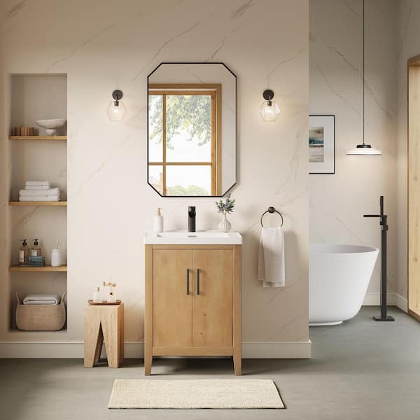 Solara 24 in. Single Freestanding Weathered Fir Bath Vanity with White Ceramic Top Assembled, Mirror