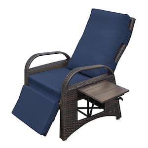 Brown Wicker Outdoor Recliner Chair, PE Wicker Adjustable Reclining Lounge Chair with Navy Blue Cushion