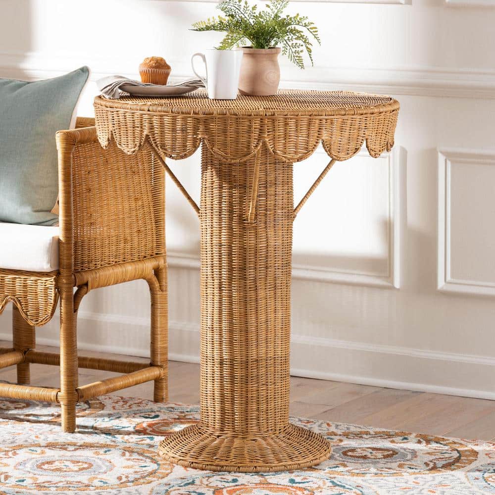 Pabla Light Honey Rattan and Metal Round Scalloped Accent Table